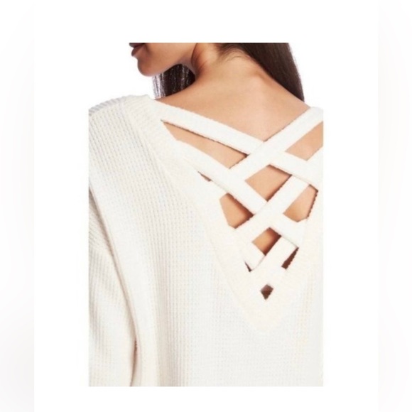 1. STATE Lattice V-Back Waffle Weave Sweater in Ecru NWT - Picture 2 of 4